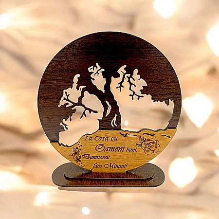 Blankuri - Blank personalizabil, Copacul Vieții decorativ cu mesaj standard ”La Casa cu Oameni buni Dumnezeu face Minuni!” – Produs în România de Rustic Wood Decor