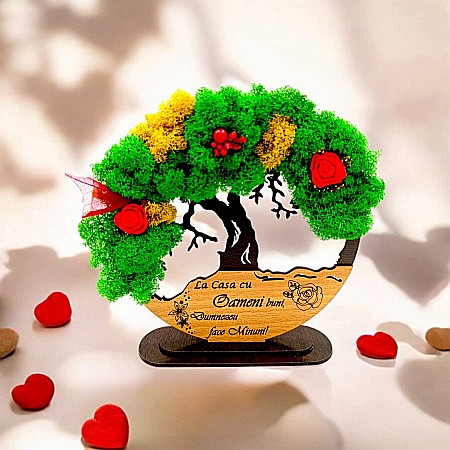 Decoratiuni cu Licheni - Tablou Copacul Vietii Cadou personalizat cu mesaj standard ,”La casa cu Oameni buni”, cadou decorat cu licheni stabilizati, Produs în România de Rustic Wood Decor