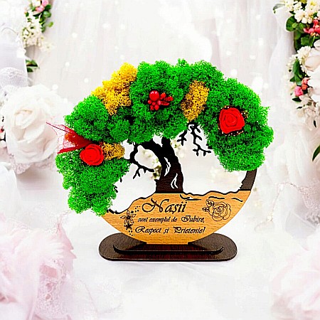 Decoratiuni cu Licheni - Tablou Copacul Vietii Cadou personalizat cu mesaj standard pentru Nași ,”Nașii sunt exemplul de Iubire, Respect și Prietenie!”, decorat cu licheni stabilizati Produs în România de Rustic Wood Decor