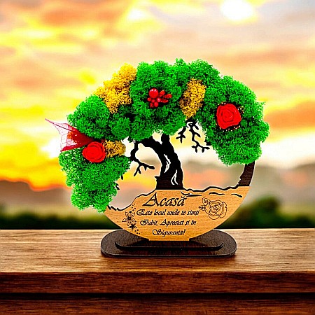 Decoratiuni cu Licheni - Tablou Copacul Vietii Cadou personalizat cu mesaj standard ”Acasă este locul unde te simți Iubit, Apreciat si în Siguranță ”, decorat cu licheni stabilizati Produs în România de Rustic Wood Decor