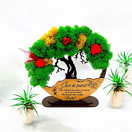 Decoratiuni cu Licheni - Tablou Copacul Vietii Cadou personalizat cu mesaj standard pentru Nuntă ”Casa de piatră! Când rădăcinile sunt adânci nu contează cât de tare bate vântul!” decorat cu licheni stabilizati Produs în Româ