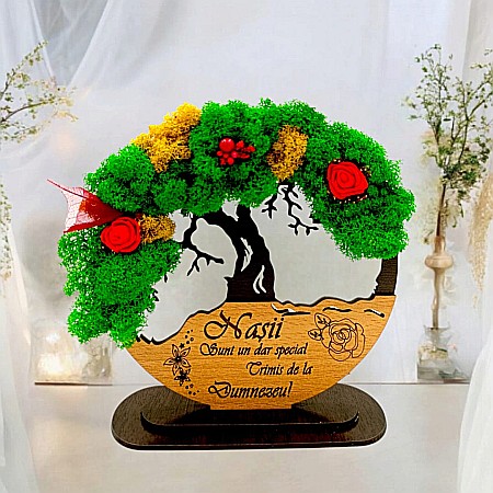 Decoratiuni cu Licheni - Tablou Copacul Vietii Cadou personalizat cu mesaj standard pentru Nași ”Nașii sunt un dar special trimiși de la Dumnezeu!” decorat cu licheni stabilizati Produs în România de Rustic Wood Decor