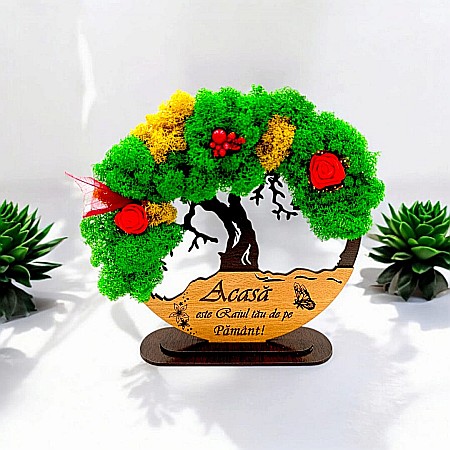 Decoratiuni cu Licheni - Tablou Copacul Vietii Cadou personalizat cu mesaj standard ”Acasă este Raiul tău de pe Pământ! ” decorat cu licheni stabilizati Produs în România de Rustic Wood Decor