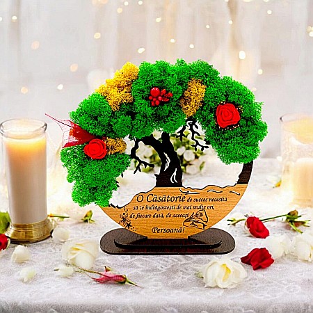 Decoratiuni cu Licheni - Tablou Copacul Vietii Cadou personalizat cu mesaj standard pentru Căsătorie ”O Căsătorie de succes necesită...” decorat cu licheni stabilizati Produs în România de Rustic Wood Decor