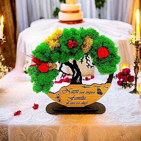 Decoratiuni cu Licheni - Tablou Copacul Vietii Cadou personalizat cu mesaj standard pentru Nași ”Nașii sunt singura familie pe care ti-o alegi!” decorat cu licheni stabilizati Produs în România de Rustic Wood Decor