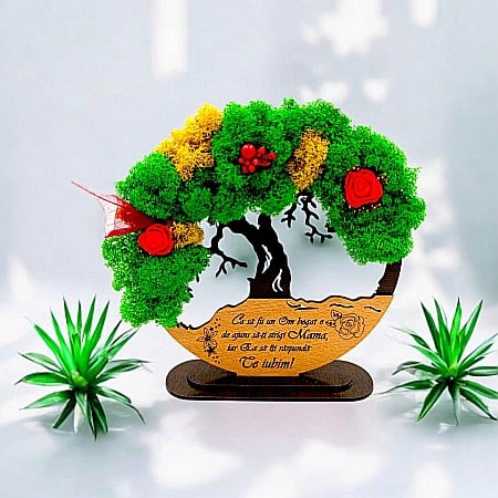 Cadouri Mama - Tablou Copacul Vietii Cadou personalizat cu mesaj standard pentru Mamă ”Ca să fii un Om bogat e de ajuns...” decorat cu licheni stabilizati Produs în România de Rustic Wood Decor