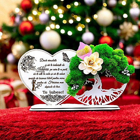 Decoratiune Copacul Vietii-Inima - Tablou Inima Copacul vietii decorativ cu suport, personalizat "Daca vreodata te indoiesti de iubirea pe care ti-o port..." , Produs în România de Rustic Wood Decor, dimensiune 30x16cm