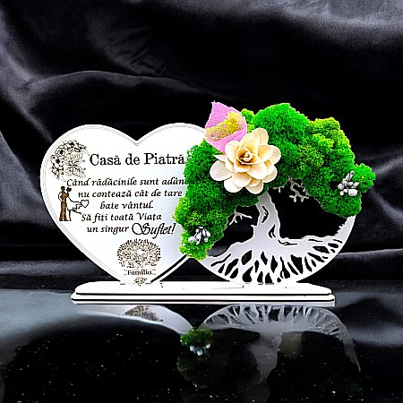 Decoratiune Copacul Vietii-Inima - Tablou Inima Copacul vietii decorativ cu suport, personalizat pentru Casatorie "Casa de Piatra, Cand radacinile sunt adanci..." , Produs în România de Rustic Wood Decor, dimensiune 30x16cm