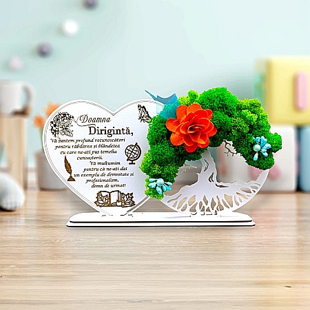 Cadouri Diriginta - Tablou Inima Copacul vietii decorativ cu suport, personalizat pentru Diriginta "Doamna Diriginta..." , Produs în România de Rustic Wood Decor, dimensiune 30x16cm