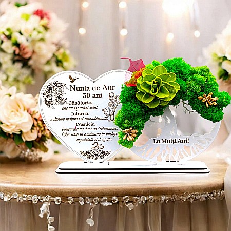 Decoratiune Copacul Vietii-Inima - Tablou Inima Copacul vietii decorativ cu suport, personalizat pentru Nunta "Nunta de Aur..." , Produs în România de Rustic Wood Decor, dimensiune 30x16cm