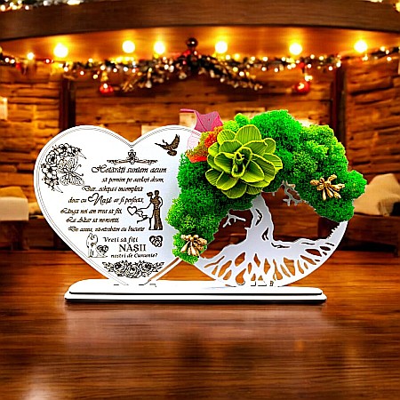 Cadouri Nasi - Tablou Inima Copacul vietii decorativ cu suport, personalizat pentru Nasi "Vreti sa fiti Nasii nostri?..." , Produs în România de Rustic Wood Decor, dimensiune 30x16cm