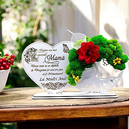 Cadouri Mama - Tablou Inima Copacul vietii decorativ cu suport, personalizat pentru Mama "Pentru cea mai Speciala Mama..." , Produs în România de Rustic Wood Decor, dimensiune 30x16cm