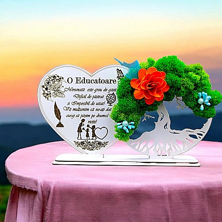 Cadouri Educatoare - Tablou Inima Copacul vietii decorativ cu suport, personalizat pentru Educatoare "O Educatoare minunata este greu de gasit..." , Produs în România de Rustic Wood Decor, dimensiune 30x16cm