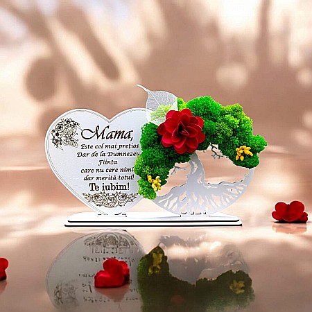 Cadouri Mama - Tablou Inima Copacul vietii decorativ cu suport, personalizat pentru Mama "Este cel mai pretios dar de la Dumnezeu..." , Produs în România de Rustic Wood Decor, dimensiune 30x16cm