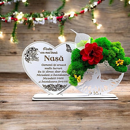 Cadouri Nasa - Tablou Inima Copacul vietii decorativ cu suport, personalizat pentru Nasa "Pentru Cea mai buna Nasa..." , Produs în România de Rustic Wood Decor, dimensiune 30x16cm