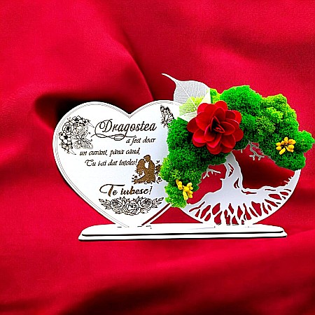 Decoratiune Copacul Vietii-Inima - Tablou Inima Copacul vietii decorativ cu suport, personalizat "Dragostea a fost doar un cuvant..." , Produs în România de Rustic Wood Decor, dimensiune 30x16cm