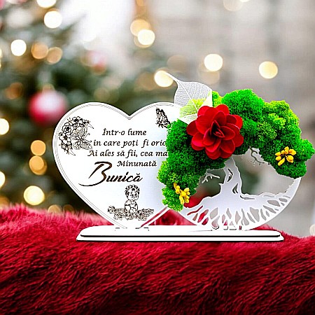 Cadouri Bunica - Tablou Inima Copacul vietii decorativ cu suport, personalizat pentru Bunica "Intr-o lume in care poti fii orice..." , Produs în România de Rustic Wood Decor, dimensiune 30x16cm