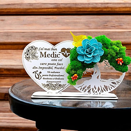 Cadouri Medic/Doctor - Tablou Inima Copacul vietii decorativ cu suport, personalizat pentru Medic "Cel mai bun Medic..." , Produs în România de Rustic Wood Decor, dimensiune 30x16cm