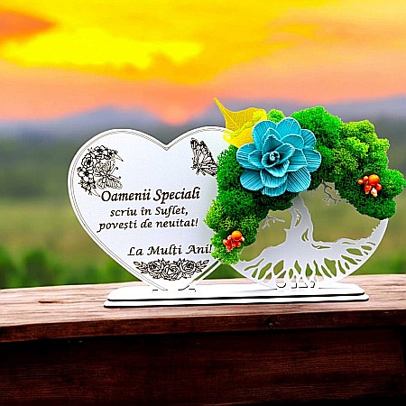 Decoratiune Copacul Vietii-Inima - Tablou Inima Copacul vietii decorativ cu suport, personalizat pentru "Oamenii Speciali" , Produs în România de Rustic Wood Decor, dimensiune 30x16cm