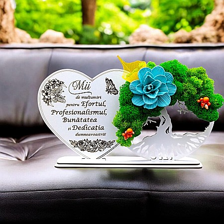 Decoratiune Copacul Vietii-Inima - Tablou Inima Copacul vietii decorativ cu suport, personalizat pentru "Mii de multumiri pentru Efortul, Profesionalismul..." , Produs în România de Rustic Wood Decor, dimensiune 30x16cm