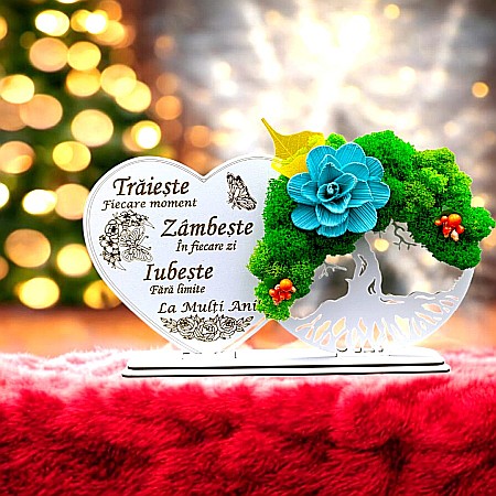 Decoratiuni cu Licheni - Tablou Inima Copacul vietii decorativ cu suport, personalizat "Traieste, Zambeste, Iubeste..." , Produs în România de Rustic Wood Decor, dimensiune 30x16cm