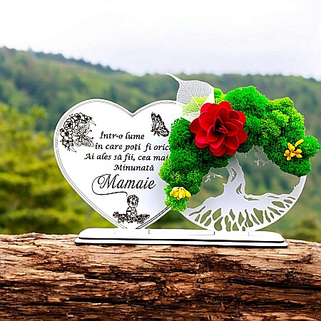 Decoratiuni cu Licheni - Tablou Inima Copacul vietii decorativ cu suport, personalizat pentru Mamaie "Intr-o lume in care poti fii orice..." , Produs în România de Rustic Wood Decor, dimensiune 30x16cm