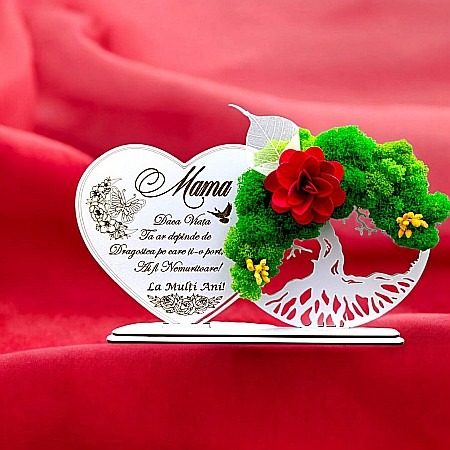 Cadouri Mama - Tablou Inima Copacul vietii decorativ cu suport, personalizat pentru Mama "Daca viata ta ar depinde de dragostea pe care ti-o port..." , Produs în România de Rustic Wood Decor, dimensiune 30x16cm