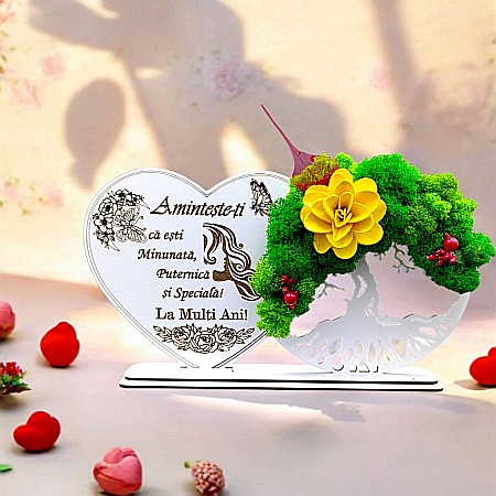 Decoratiuni cu Licheni - Tablou Inima Copacul vietii decorativ cu suport, personalizat "Aminteste-ti ca esti Minunata, Puternica..." , Produs în România de Rustic Wood Decor, dimensiune 30x16cm