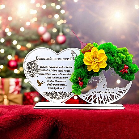 Decoratiuni cu Licheni - Tablou Inima Copacul vietii decorativ cu suport, personalizat "Binecuvantarea Casei..." , Produs în România de Rustic Wood Decor, dimensiune 30x16cm