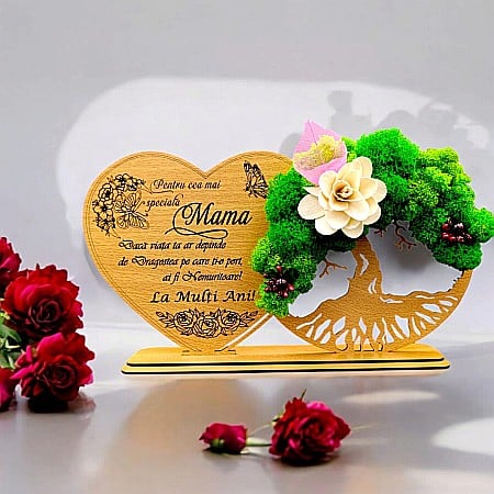 Cadouri Mama - Tablou Inima Copacul vietii decorativ cu suport, personalizat pentru Mama "Pentru cea mai speciala Mama" , Produs în România de Rustic Wood Decor, dimensiune 30x16cm