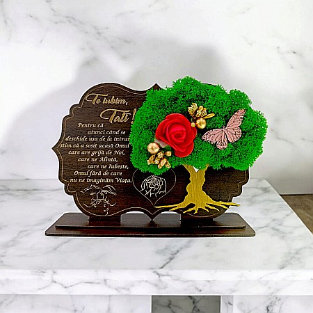 Cadouri Tata - Tablou copac cu licheni stabilizati, cadou personalizat cu mesaj standard pentru Tata "Te iubim tati..." Produs în România de Rustic Wood Decor