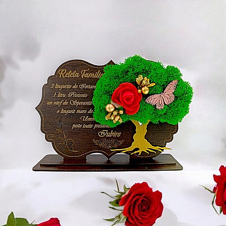 Decoratiuni cu Licheni - Tablou copac cu licheni stabilizati, cadou personalizat cu mesaj standard "Reteta Familiei" Produs în România de Rustic Wood Decor