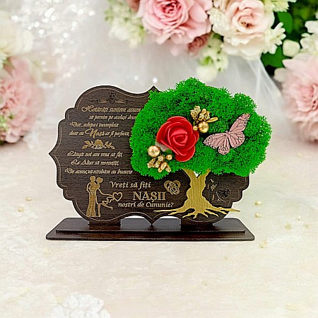 Decoratiuni cu Licheni - Tablou copac cu licheni stabilizati, cadou personalizat cu mesaj standard pentru Nasi "Vreti sa fiti Nasii nostri?..." Produs în România de Rustic Wood Decor