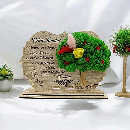 Decoratiuni cu Licheni - Tablou copac cu licheni stabilizati, cadou personalizat cu mesaj standard "Reteta Familiei" Produs în România de Rustic Wood Decor