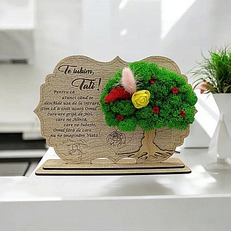 Cadouri Personalizabile - Tablou copac cu licheni stabilizati, cadou personalizat cu mesaj standard pentru Tata "Te iubim Tati..." Produs în România de Rustic Wood Decor
