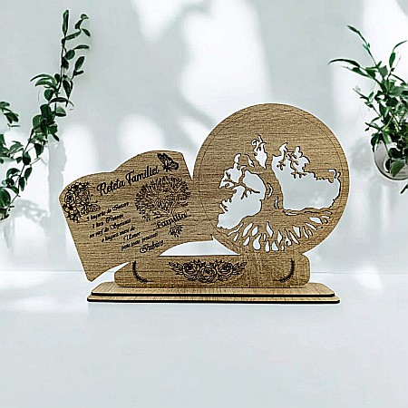 Decoratiuni cu Licheni - Decoratiune tablou inima, blank pentru licheni stabilizati, cadou personalizat cu mesaj standard "Reteta Familiei", dimensiune 30x18cm, sonoma