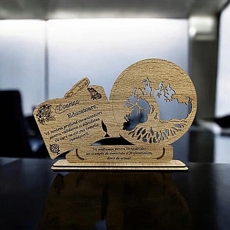 Decoratiuni cu Licheni - Decoratiune tablou inima, blank pentru licheni stabilizati, cadou personalizat cu mesaj standard pentru "Educatoare", dimensiune 30x18cm, sonoma