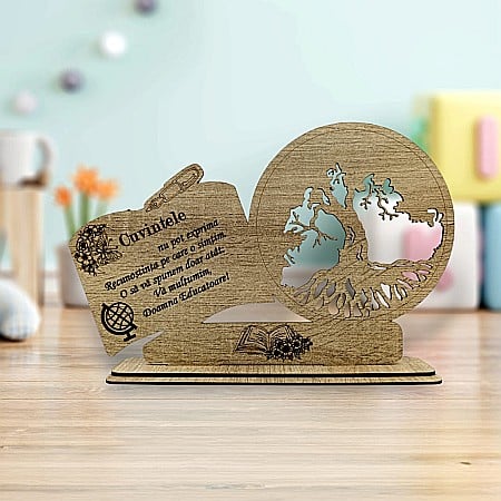 Decoratiuni cu Licheni - Decoratiune tablou inima, blank pentru licheni stabilizati, cadou personalizat cu mesaj standard pentru "Educatoare", model 2, dimensiune 30x18cm, sonoma