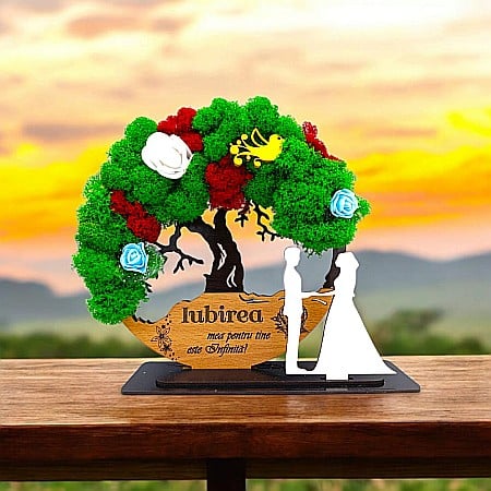 Copacul Vietii cu Licheni - Tablou Copacul Vietii Cadou personalizat cu mesaj standard pentru Nunta/Sotie/Prietena/Familie/Nasi ”Iubirea mea pentru...” decorat cu licheni stabilizati Produs în România de Rustic Wood Decor