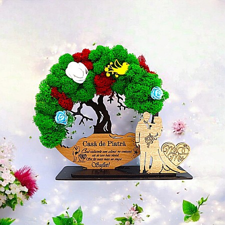 Decoratiuni cu Licheni - Tablou Copacul Vietii Cadou personalizat cu mesaj standard pentru Nunta/Sotie/Prietena/Familie/Nasi ”Casa de piatra!...” model 2,decorat cu licheni stabilizati Produs în România de Rustic Wood Decor