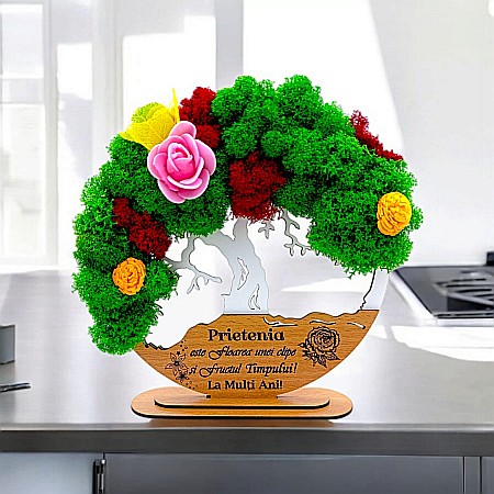 Decoratiuni cu Licheni - Tablou Copacul Vietii Cadou personalizat cu mesaj standard pentru Prieteni/Sotie/Fini/Familie/Nasi ”Prietenia este floarea..”,decorat cu licheni stabilizati Produs în România de Rustic Wood Decor