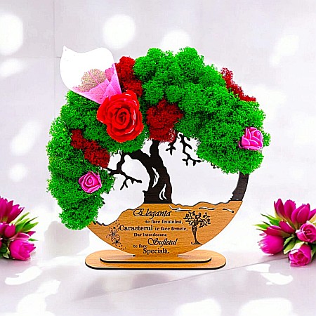 Cadouri Mama - Tablou Copacul Vietii Cadou personalizat cu mesaj standard pentru Prieteni/Sotie/Mama/Familie/Nasi ”Eleganta te face...” negru, decorat cu licheni stabilizati Produs în România de Rustic Wood Decor