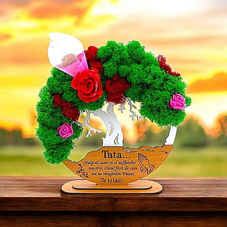 Cadouri Tata - Tablou Copacul Vietii Cadou personalizat cu mesaj standard pentru Bunici/Tata/Mama/Familie/Nasi , alb, decorat cu licheni stabilizati Produs în România de Rustic Wood Decor