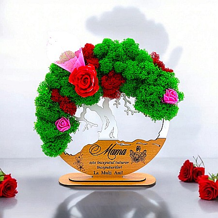 Cadouri Mama - Tablou Copacul Vietii Cadou personalizat cu mesaj standard pentru Bunici/Tata/Mama/Familie/Nasi , alb, decorat cu licheni stabilizati Produs în România de Rustic Wood Decor