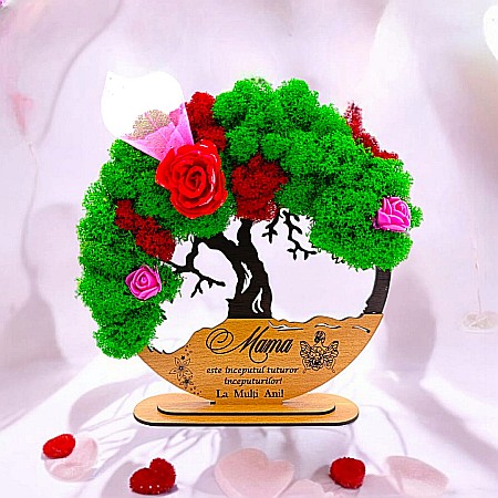 Cadouri Mama - Tablou Copacul Vietii Cadou personalizat cu mesaj standard pentru Sotie/Mama/Familie/Nasi , negru, decorat cu licheni stabilizati Produs în România de Rustic Wood Decor