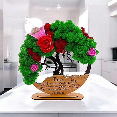 Cadouri Tata - Tablou Copacul Vietii Cadou personalizat cu mesaj standard pentru Tata/Mama/Familie/Nasi , negru, decorat cu licheni stabilizati Produs în România de Rustic Wood Decor