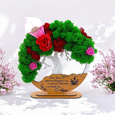 Cadouri Mama - Tablou Copacul Vietii Cadou personalizat cu mesaj standard pentru Tata/Mama/Familie/Nasi , alb, decorat cu licheni stabilizati Produs în România de Rustic Wood Decor