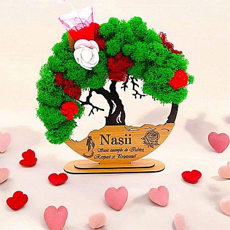 Cadouri Nasi - Tablou Copacul Vietii Cadou personalizat cu mesaj standard pentru Nunta/Fini/Mama/Familie/Nasi , negru, decorat cu licheni stabilizati Produs în România de Rustic Wood Decor