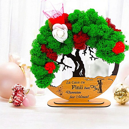 Decoratiuni cu Licheni - Tablou Copacul Vietii Cadou personalizat cu mesaj standard pentru Nunta/Fini/Mama/Familie/Nasi , negru, decorat cu licheni stabilizati Produs în România de Rustic Wood Decor