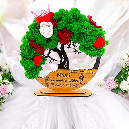 Cadouri Nasi - Tablou Copacul Vietii Cadou personalizat cu mesaj standard pentru Nunta/Fini/Mama/Familie/Nasi , negru, decorat cu licheni stabilizati Produs în România de Rustic Wood Decor